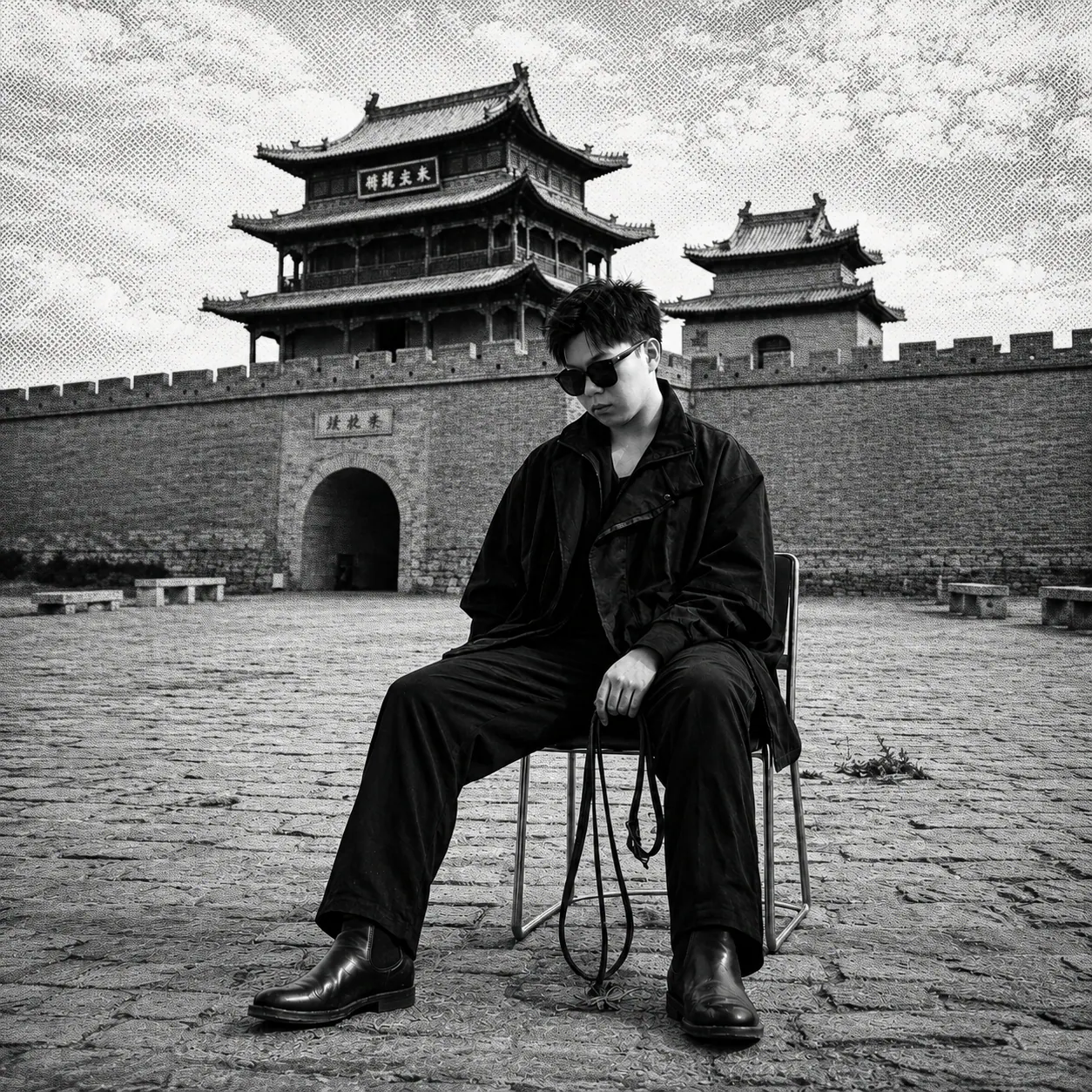 Black-and-white collage portrait of SMK seated before a historic city gate.