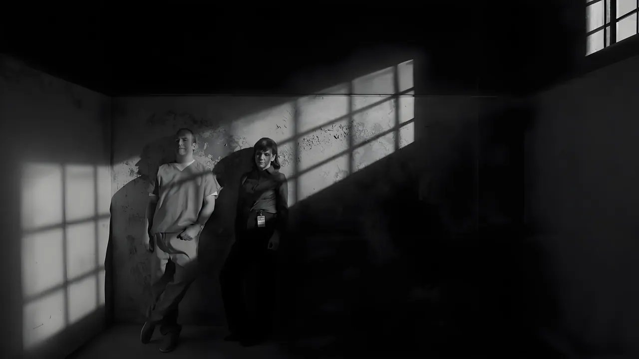 Jimmy and Kim standing beneath hard window shadows in Better Call Saul.