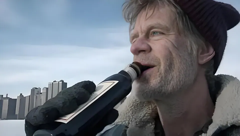 Frank drinking outdoors against a pale winter cityscape in Shameless.